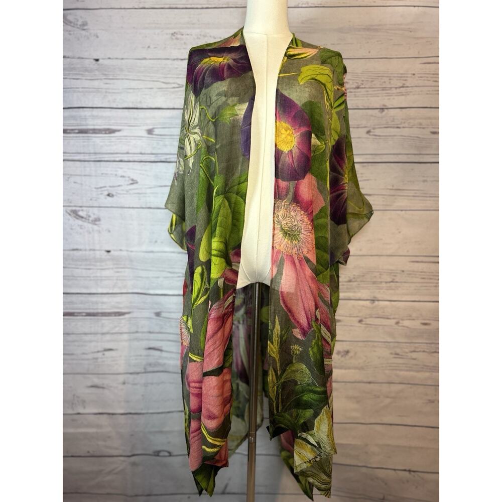 Powder Romantic Boho Botanical Floral Kimono Jacket Wool Coverup One Size